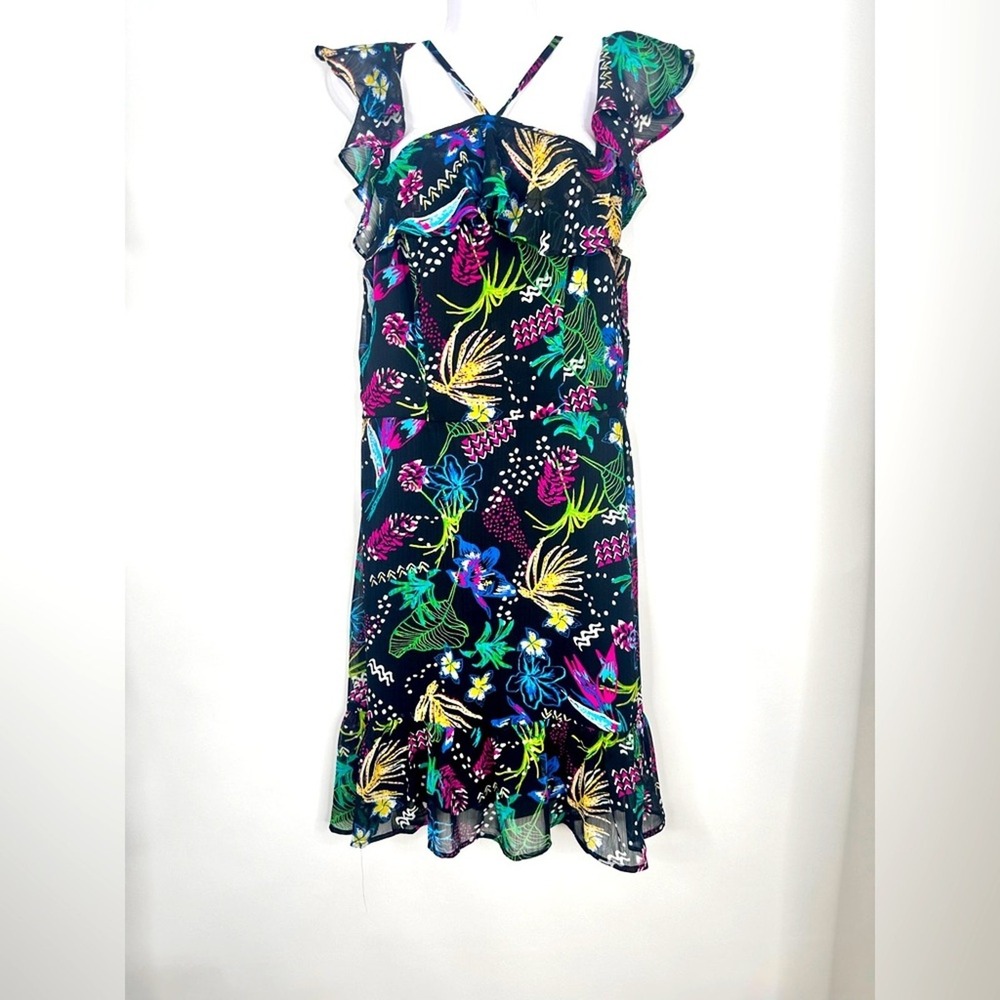Jolie Vie Womens Tropical Floral Cold Shoulder Ruffle Dress Black Multi L NWT